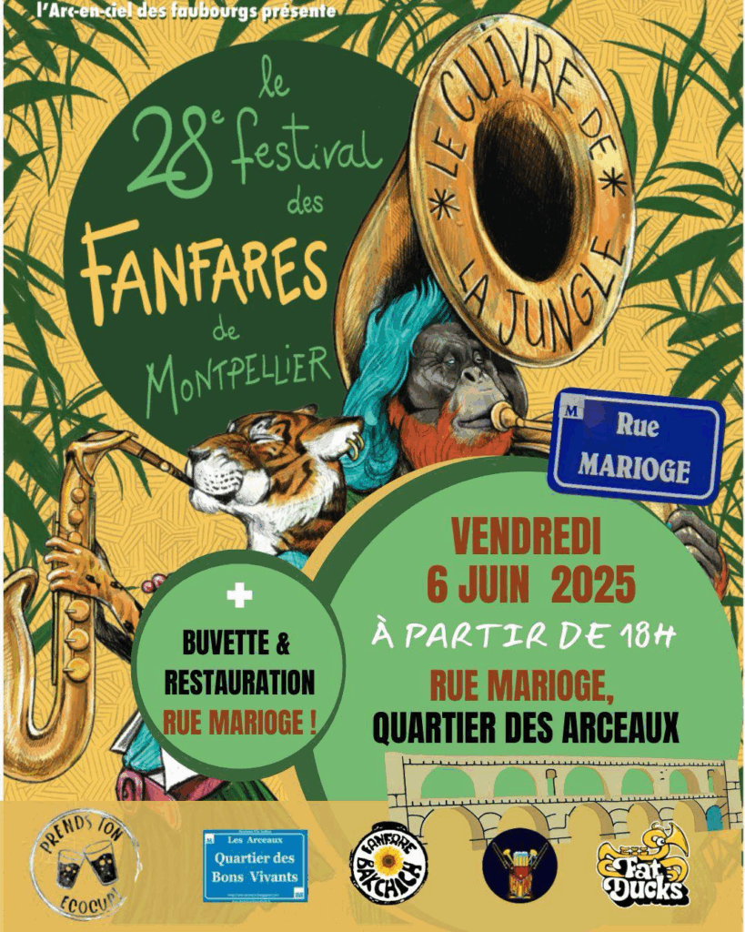 Poster of 28th Festival des Fanfares de Montpellier with ape playing a sousaphone.